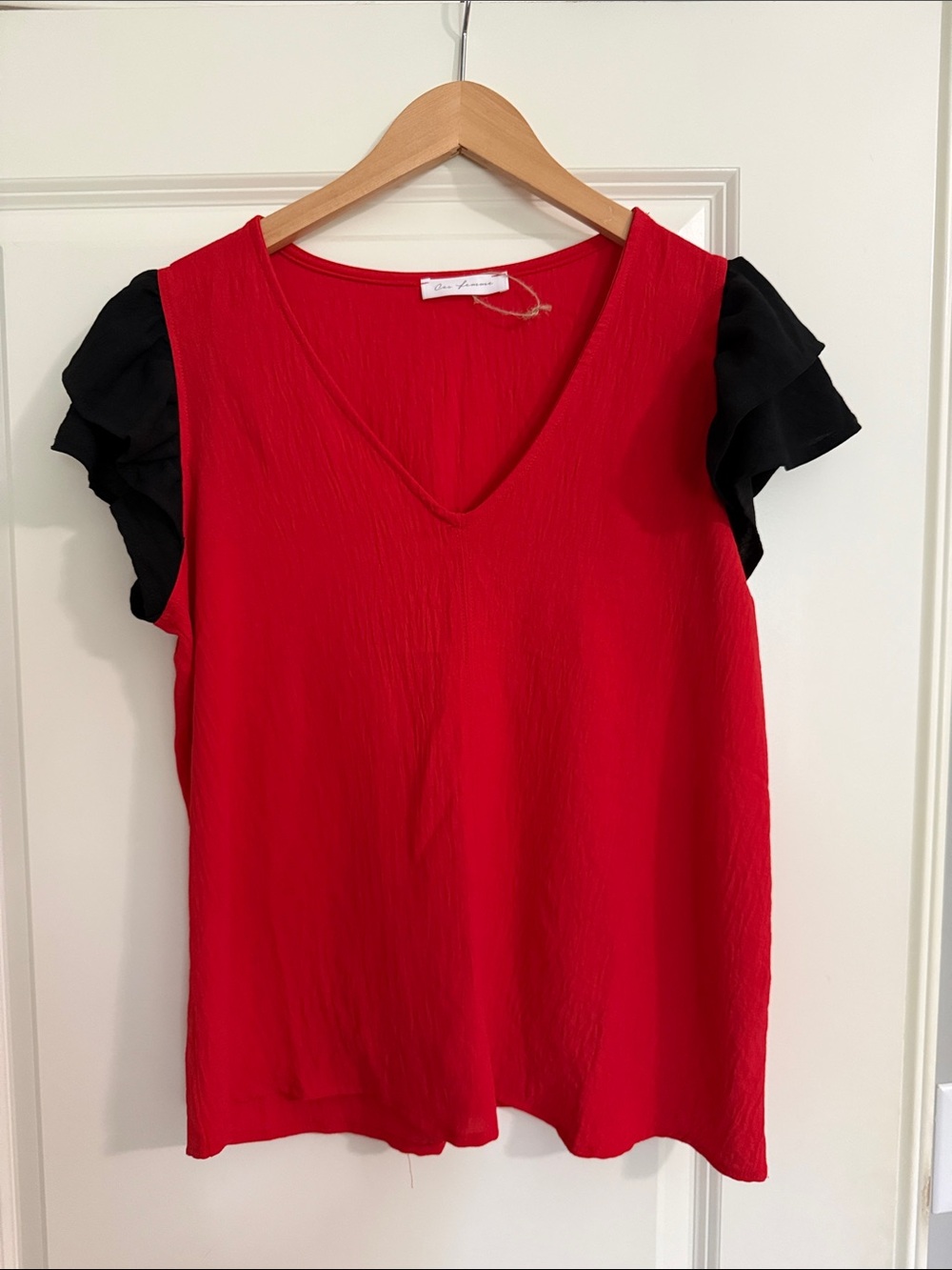 Ces Femme Red V-Neck Top with Black Ruffle Sleeves